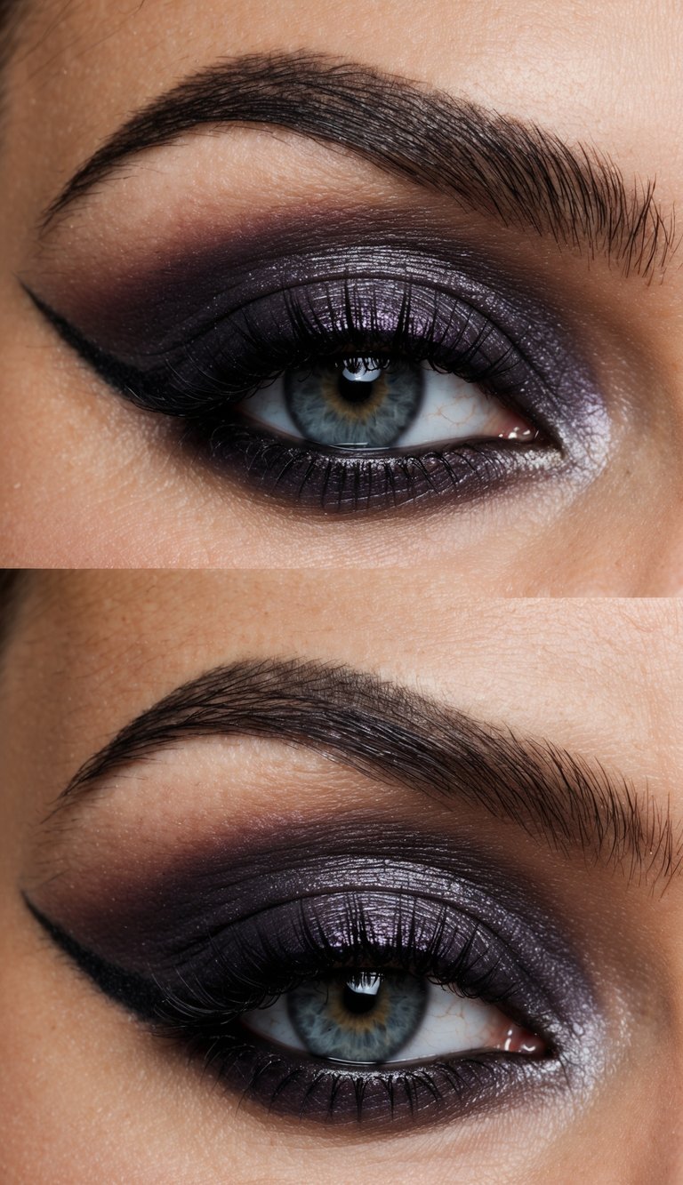 A close-up of an eye with dramatic makeup, featuring bold, dark-colored eyeshadow and perfectly shaped eyebrows.
