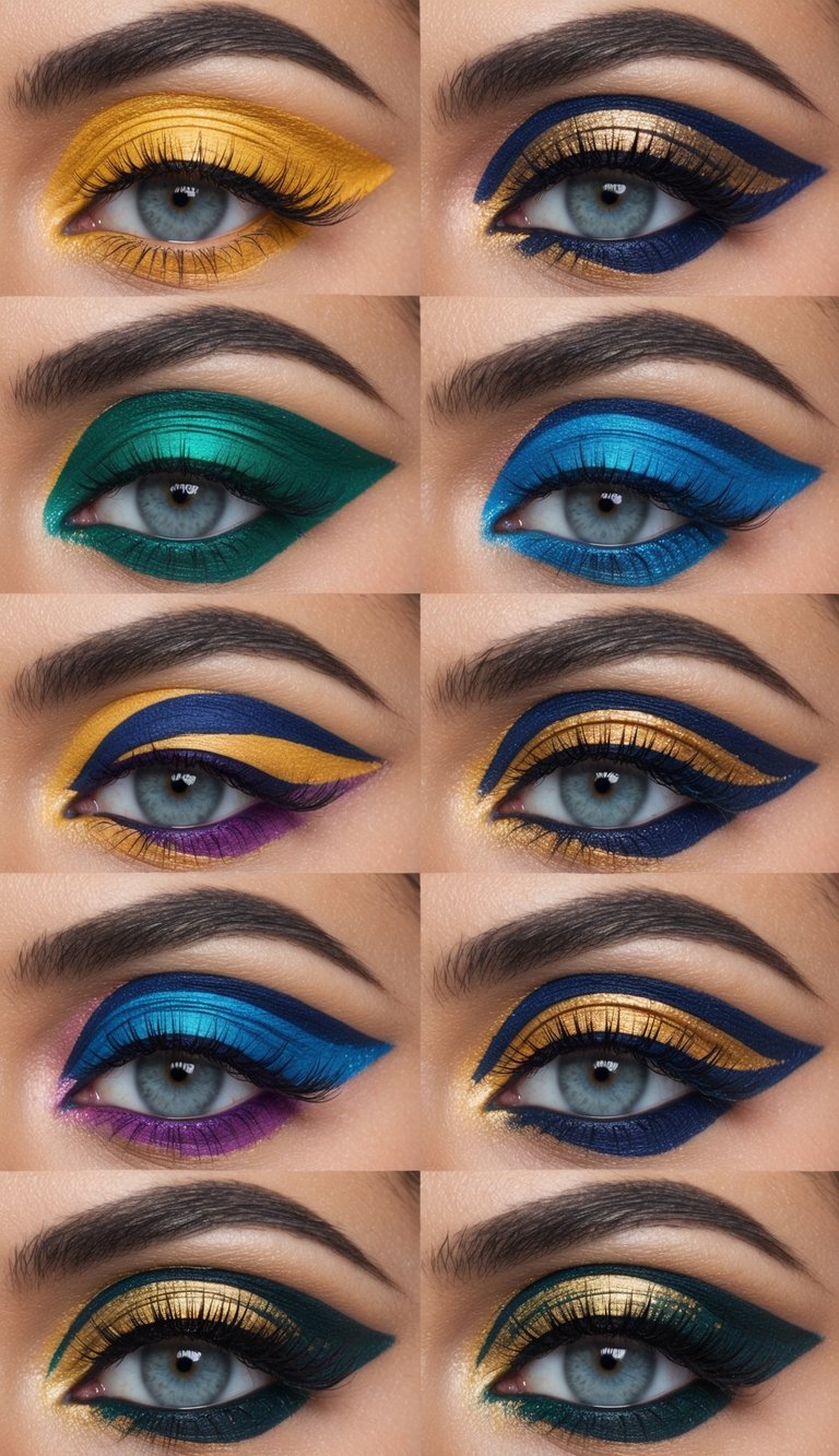 Vibrant eye makeup designs arranged in a grid, showcasing a variety of colors, shapes, and patterns