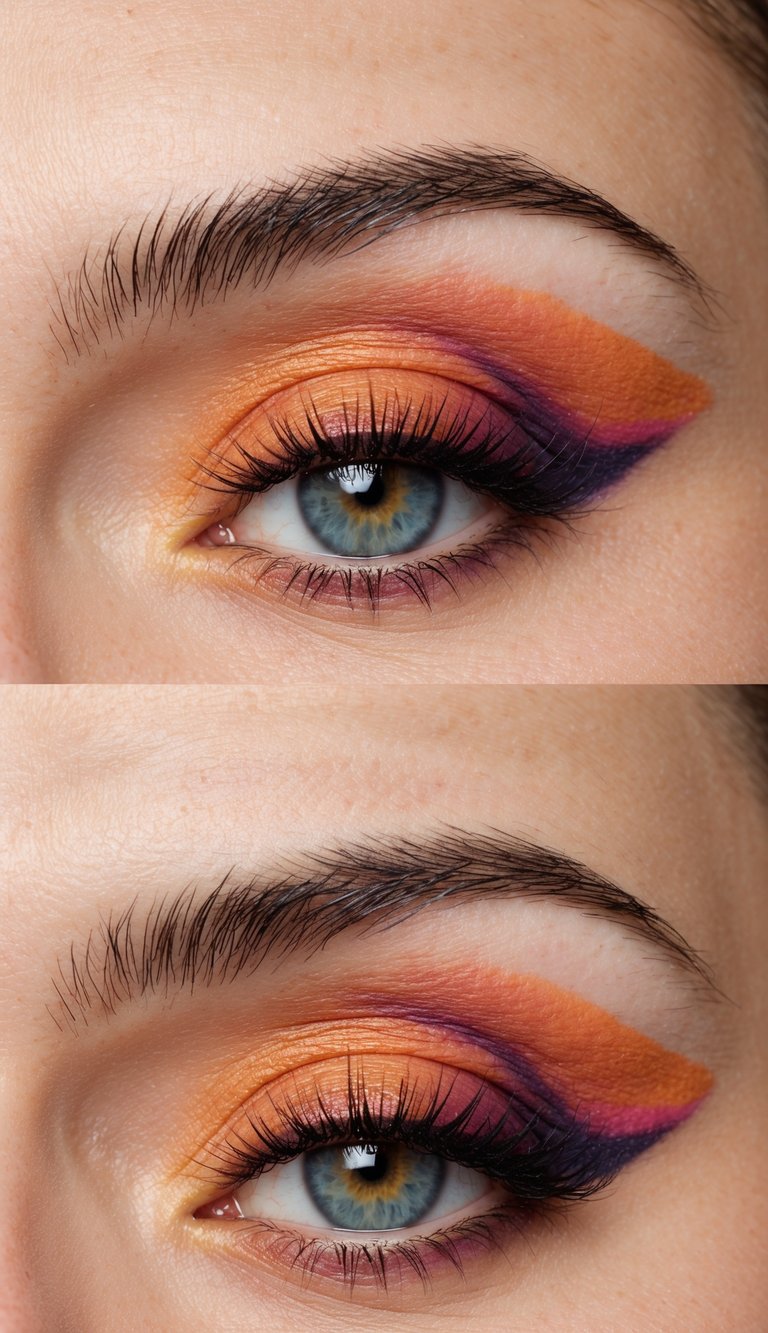 A pair of closed eyelids adorned with a sunset gradient, blending warm oranges and pinks with cool purples and blues, creating a mesmerizing eye makeup art design