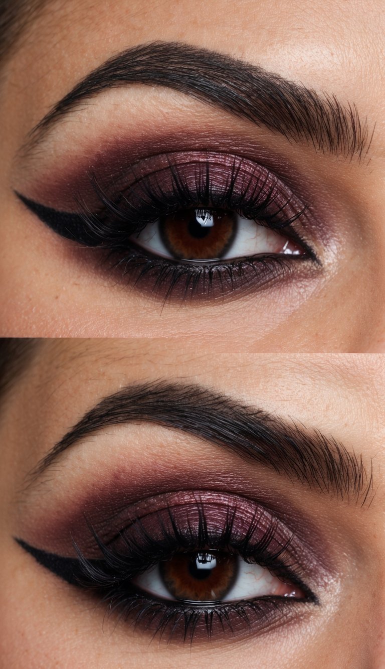 A sultry, smoky wine red eye makeup look with bold highlights, exuding mystery and edge