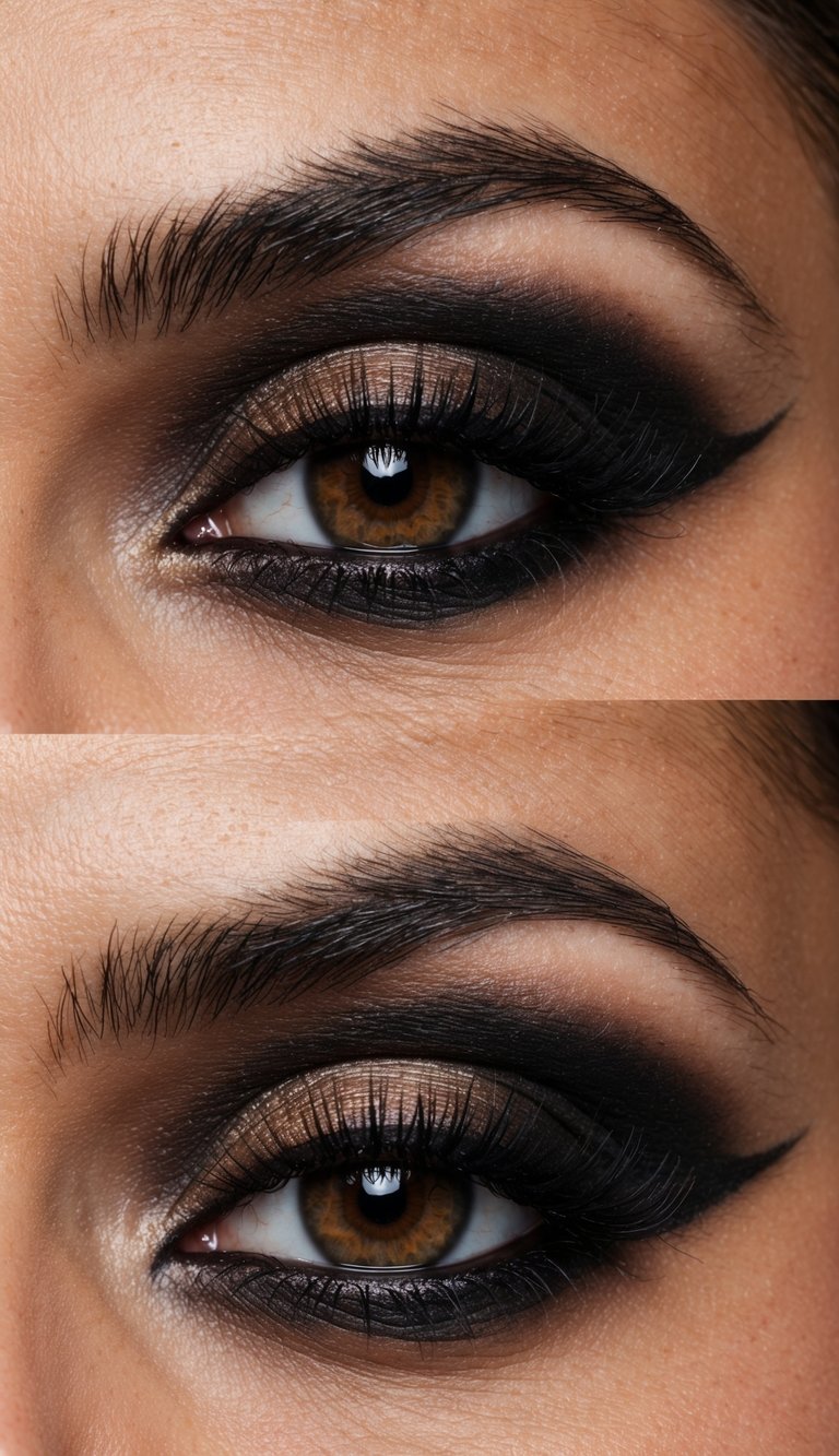 Two eyes with a brown and black smoky makeup look, exuding mystery and edge