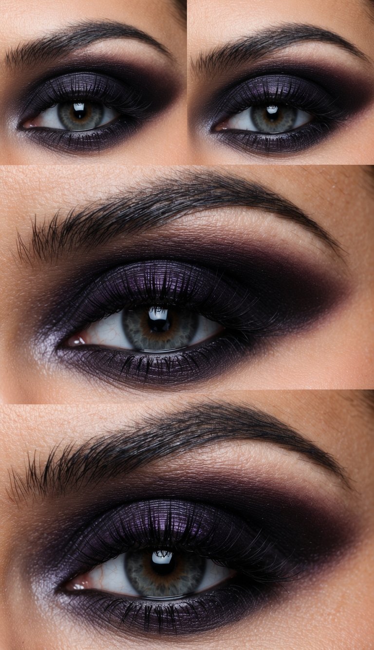 A close-up of a dark, smoky eye makeup look using black plum shades, with a mysterious and edgy vibe