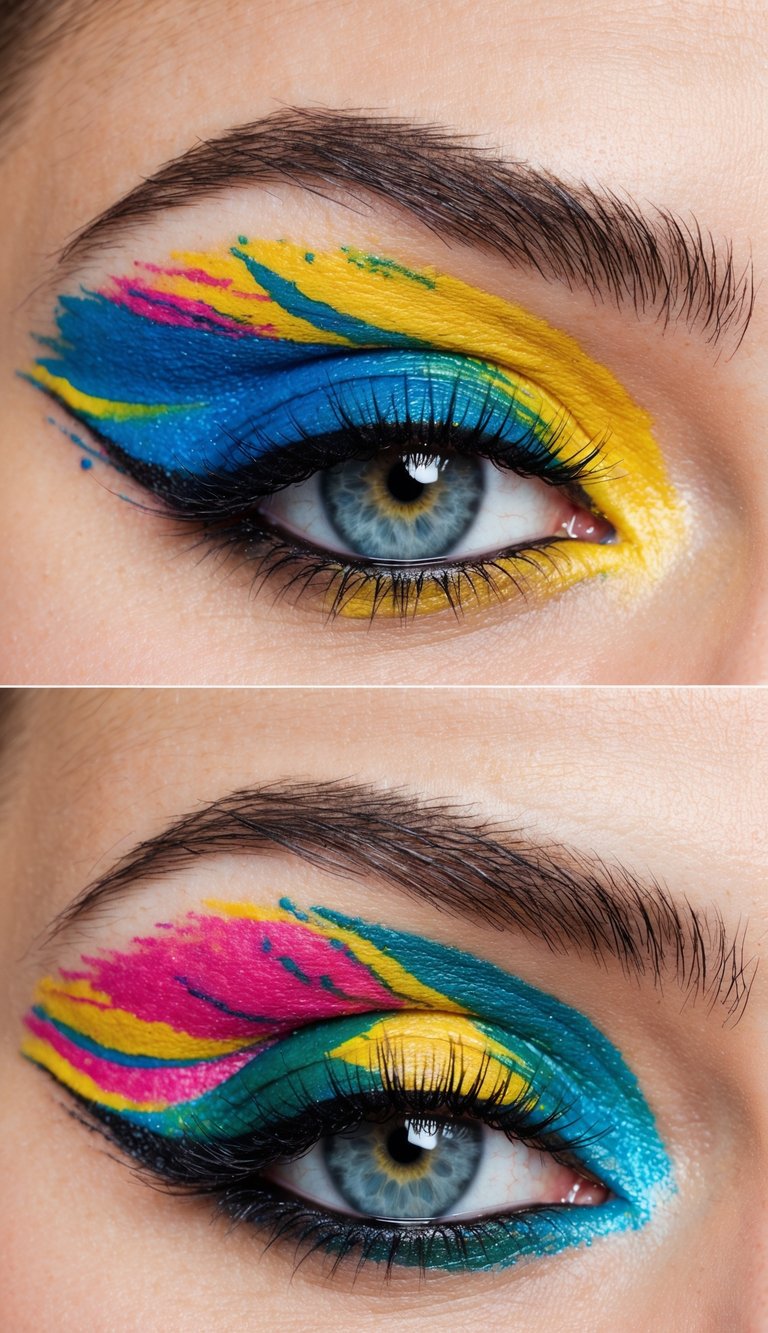 Close-up views of an eye showcasing a vibrant and colorful eye makeup design. The eyelids display a creative blend of blue, yellow, and pink colors, applied in a wave-like pattern that extends beyond the eyebrows.