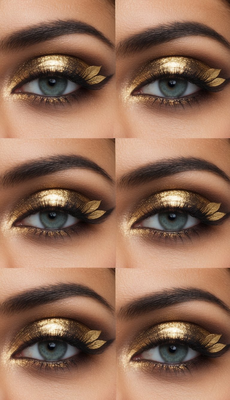 A close-up of a eye with intricate golden leaf detailing