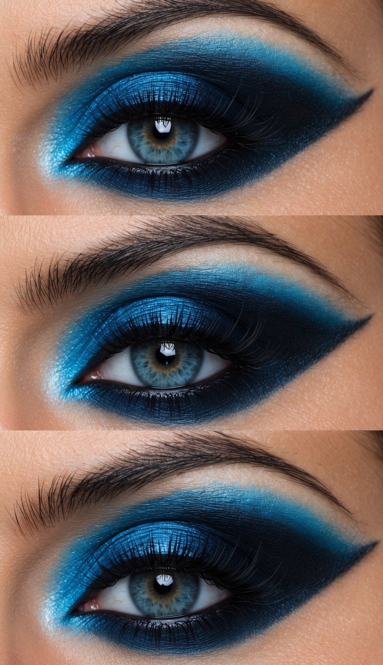 A dramatic blue-black gradient shadow adorns the eyes, exuding mystery and edge
