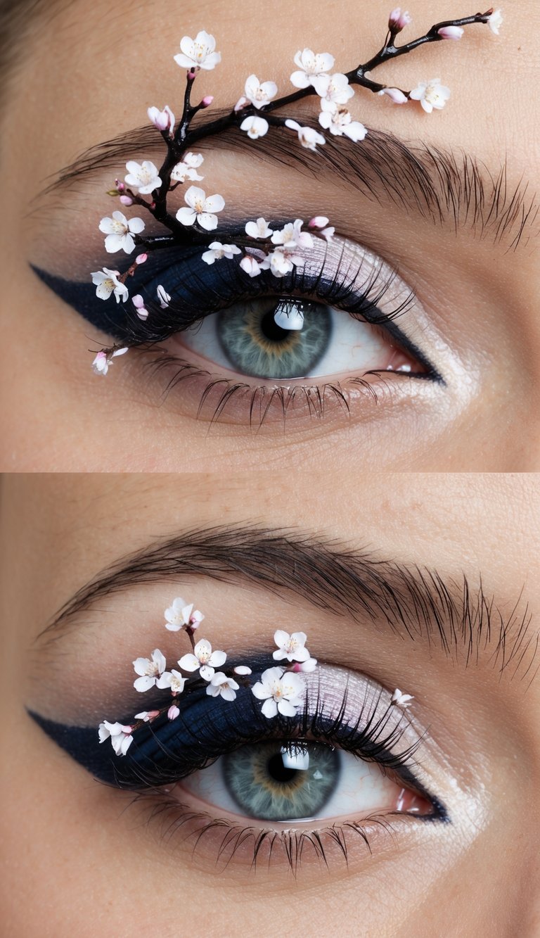 A cherry blossom branch winds across a canvas of eyelids, creating a delicate and intricate eye makeup design