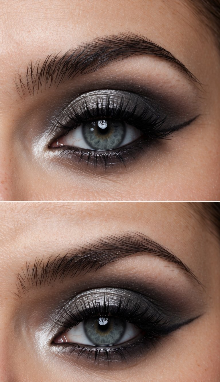 A smoky grey eye with pearl highlight, exuding mystery and edge