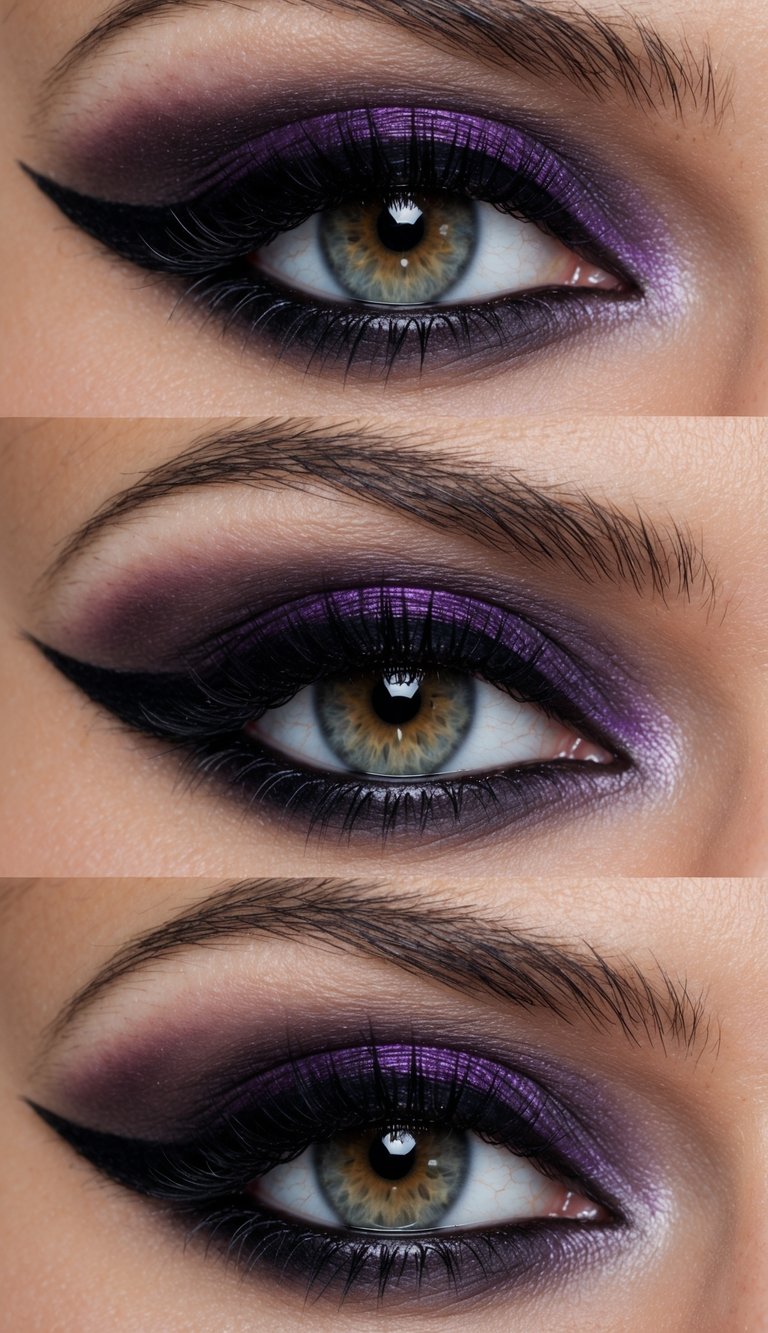 A close-up of a deep amethyst eye with a bold black lashline, exuding mystery and edge