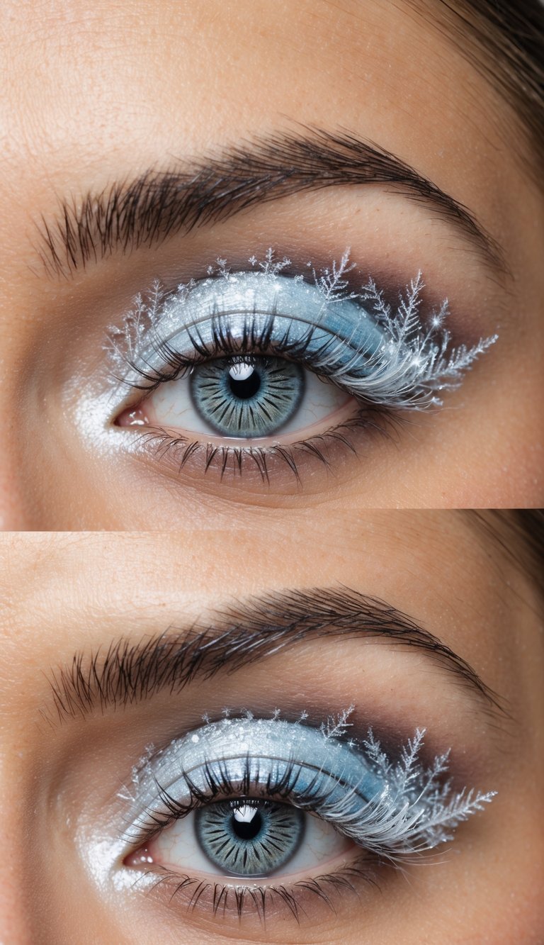 A close-up of an eye with intricate frost-inspired makeup design, featuring delicate ice crystal patterns and shimmering accents