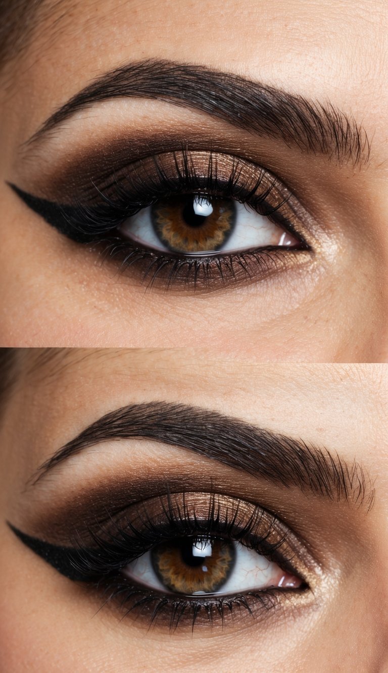 A close-up of a smoky coffee brown eye with dramatic and edgy makeup