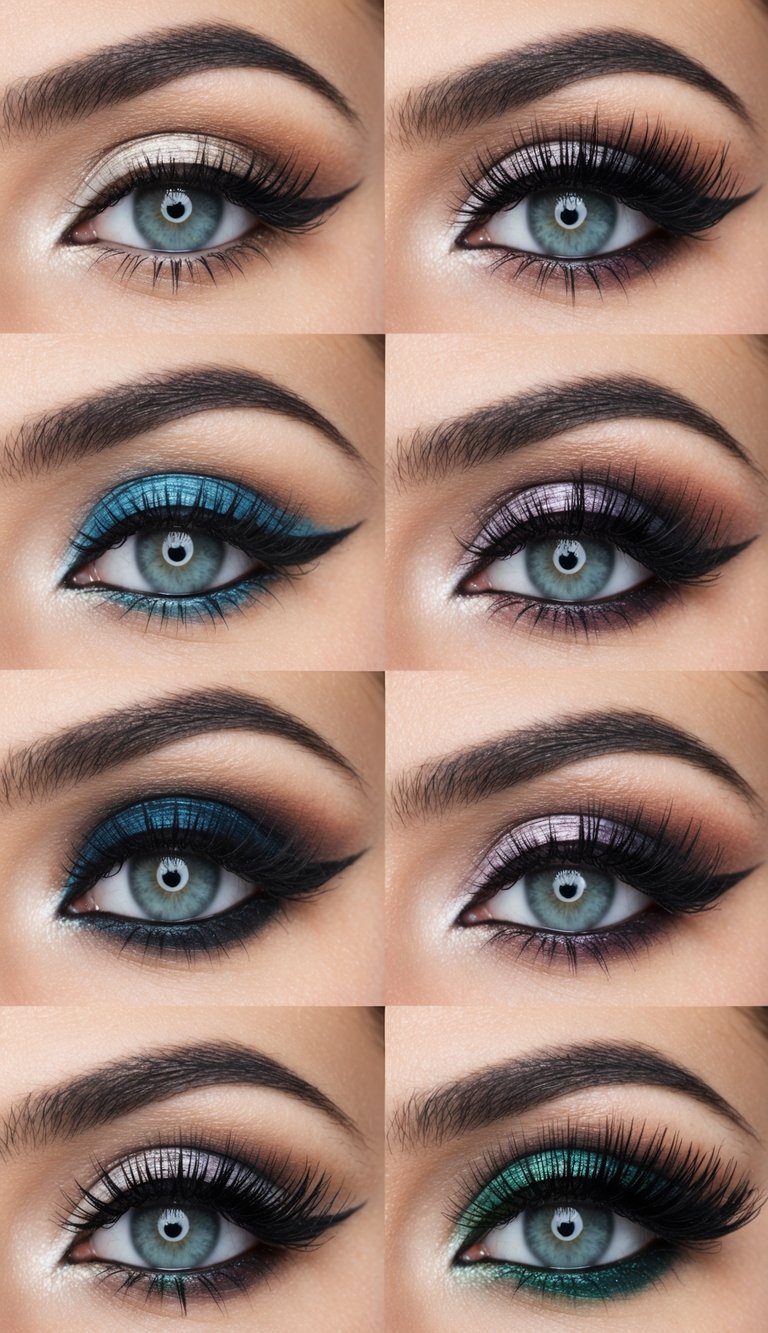 A variety of eye makeup designs displayed on different eyelids, showcasing intricate and creative artistry