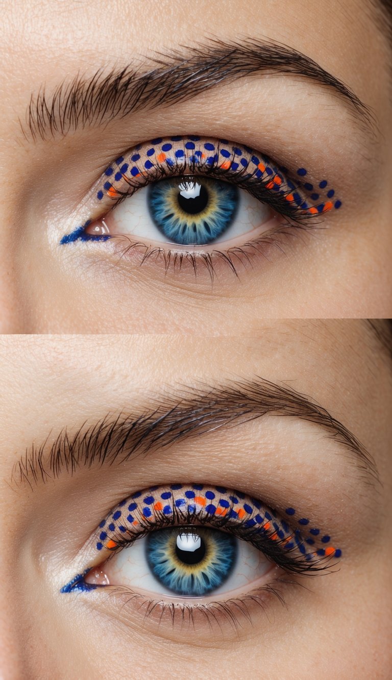 Vibrant dots form intricate patterns on eyelids, creating a canvas of minimalist eye makeup art
