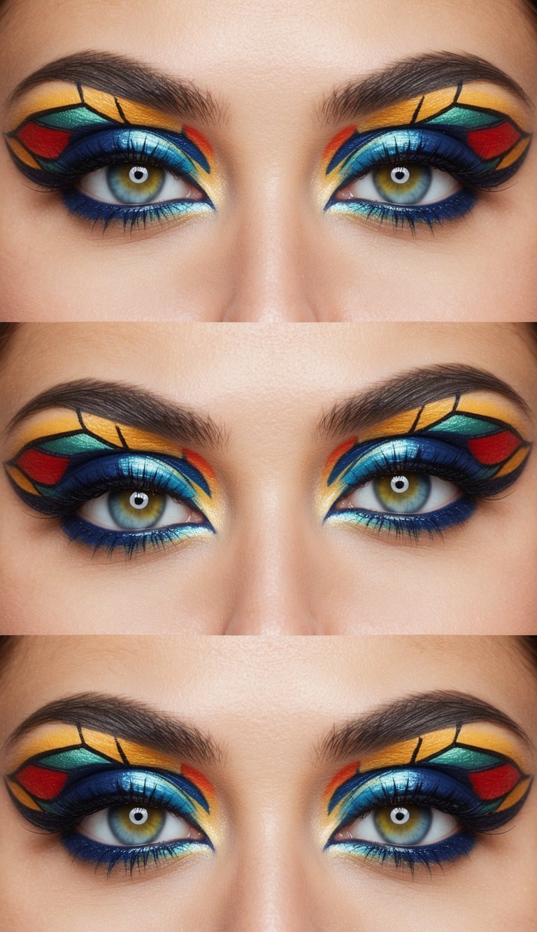 Vibrant eye makeup designs resembling stained glass art on lids
