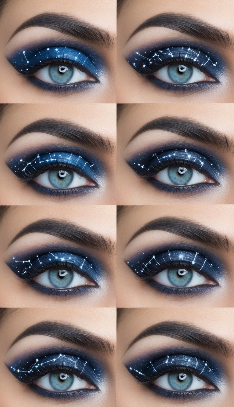 A night sky filled with delicate constellations, scattered across 50 eye makeup art designs, transforming eyelids into beautiful canvases