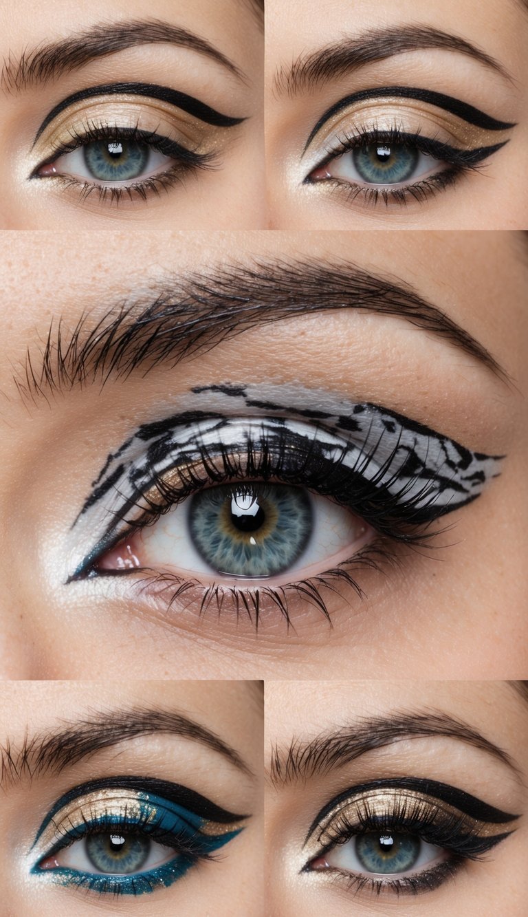 A close-up of an eye with a marble pattern painted on the eyelid, surrounded by various eye makeup art designs