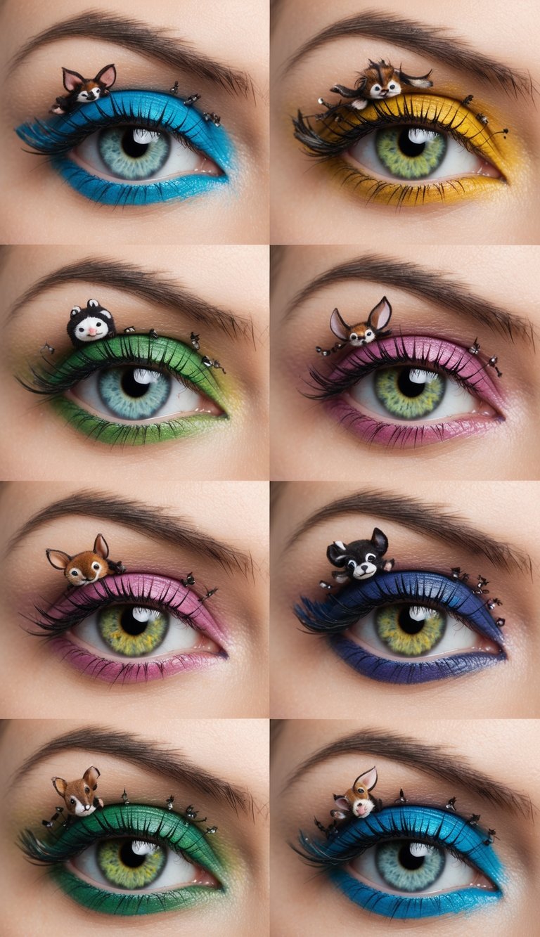 Tiny animal faces adorn colorful eyelids, each design unique and whimsical. Intricate details bring the creatures to life, transforming the lids into miniature canvases
