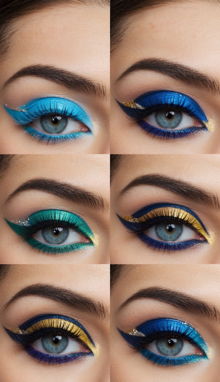 Vibrant eye makeup designs inspired by pop culture icons displayed on mini portraits
