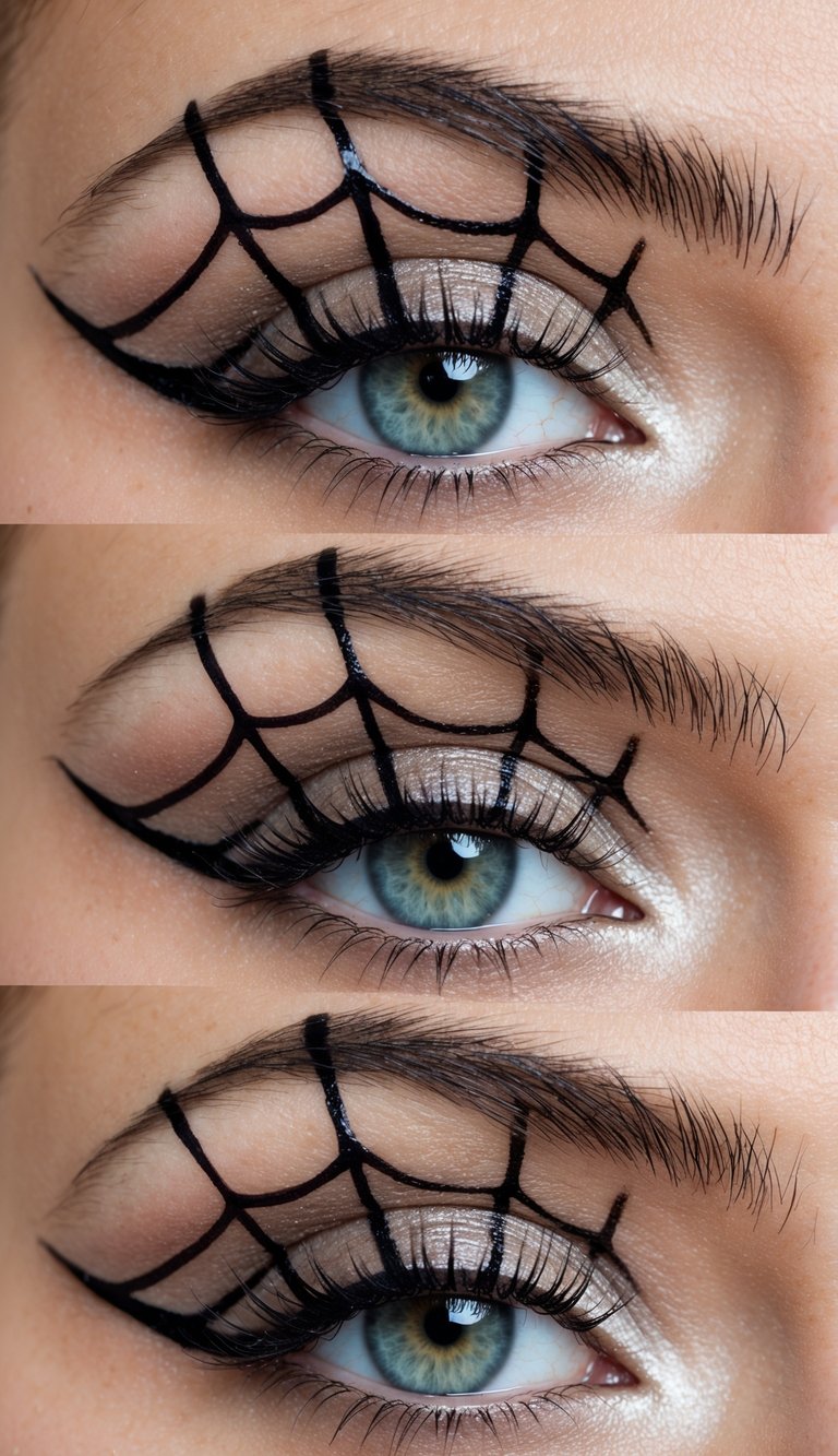 Spider web delicately painted across closed eyelids, intricate and mesmerizing, with a hint of shimmer catching the light