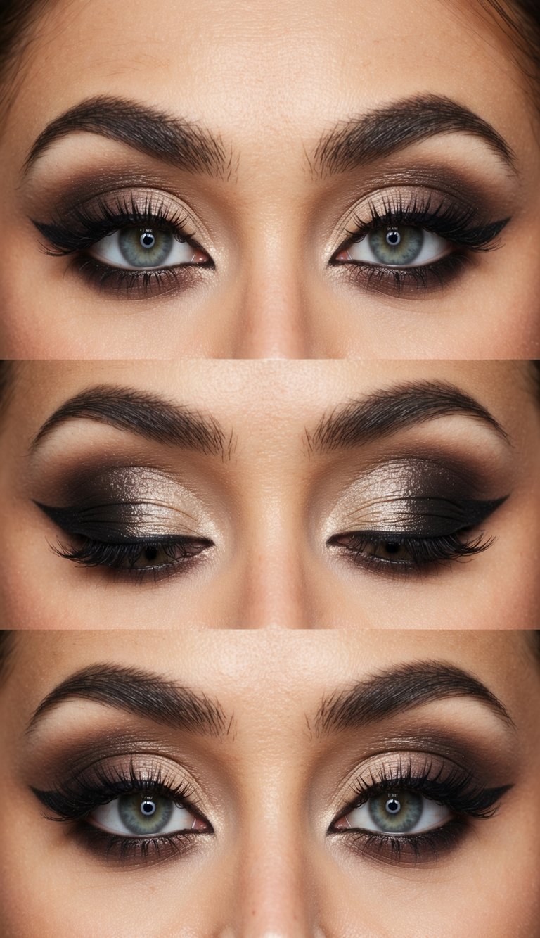 A close-up of a classic smokey eye makeup look with dramatic shading and blending, featuring neutral tones and a hint of shimmer for a glamorous effect