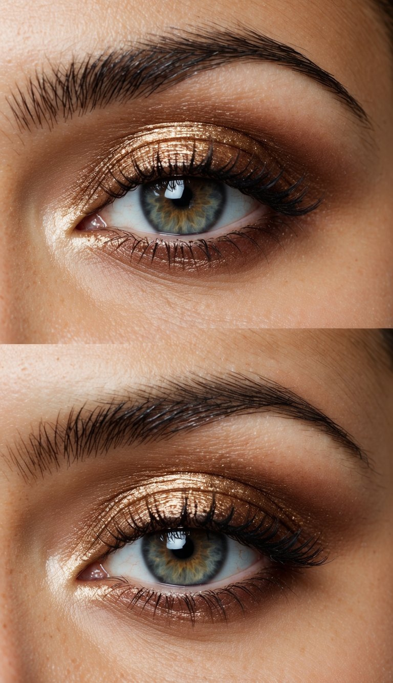 A close-up of an eye with shimmery metallic bronze eyeshadow, catching the light and creating a glamorous and captivating look