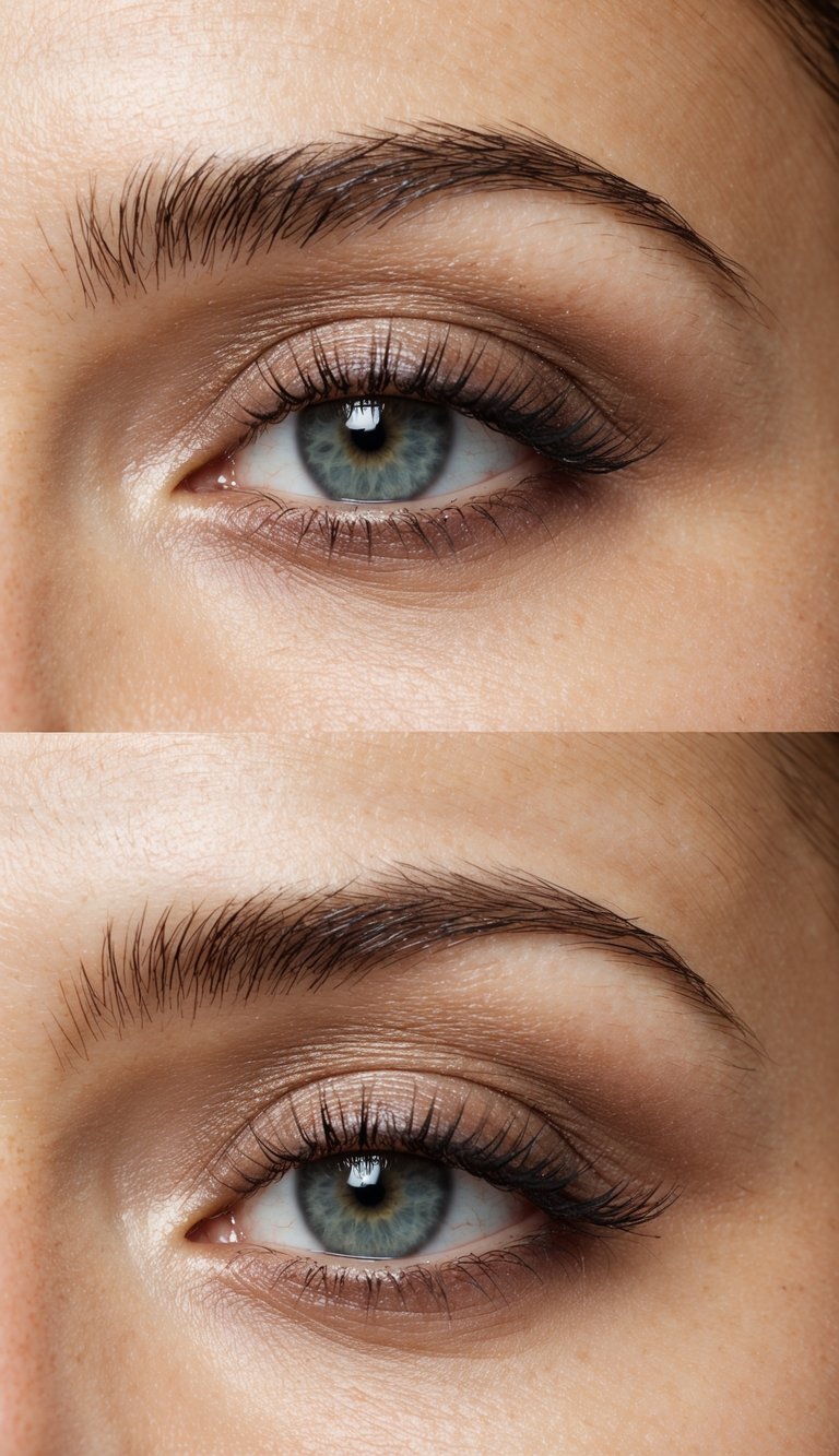 A close-up of a dewy, radiant skin with a soft taupe eyeshadow on the eyelids