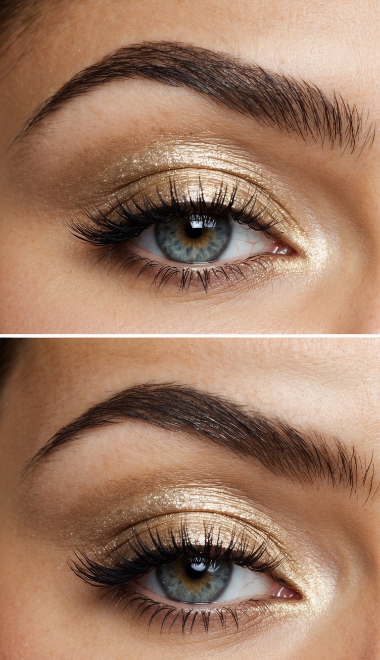 A champagne shimmer eyeshadow is carefully applied over the crease, creating a glamorous and elegant eye makeup look