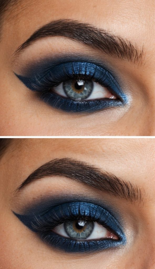 Two close-up images of an eye featuring bold blue eyeshadow and a well-defined eyebrow. The eye makeup includes a dramatic winged eyeliner and voluminous lashes, highlighting a blue iris.