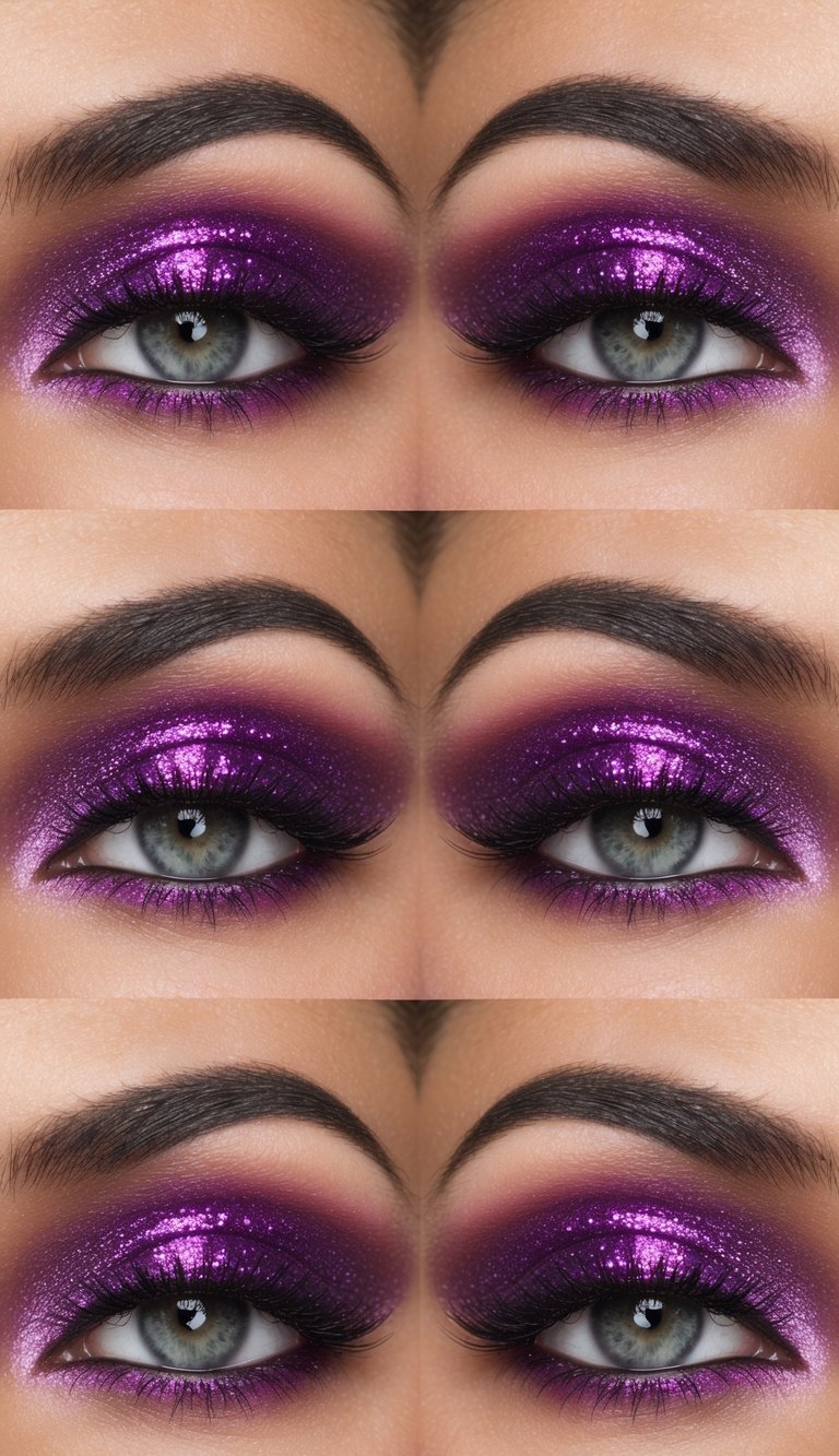 A close-up of a vibrant purple glitter eye makeup look with bold, shimmery lid pop