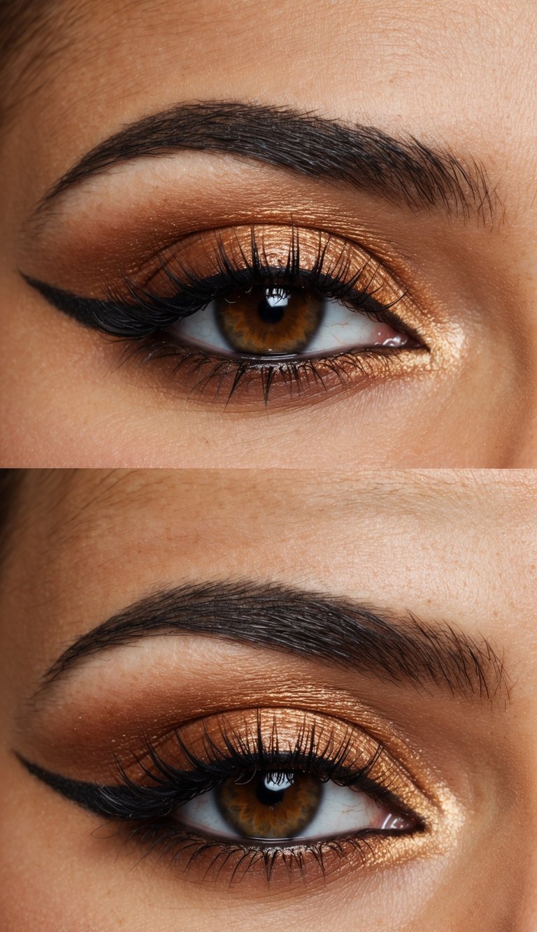 A warm copper eyeshadow with matte brown accents, creating a glamorous and sophisticated eye makeup look