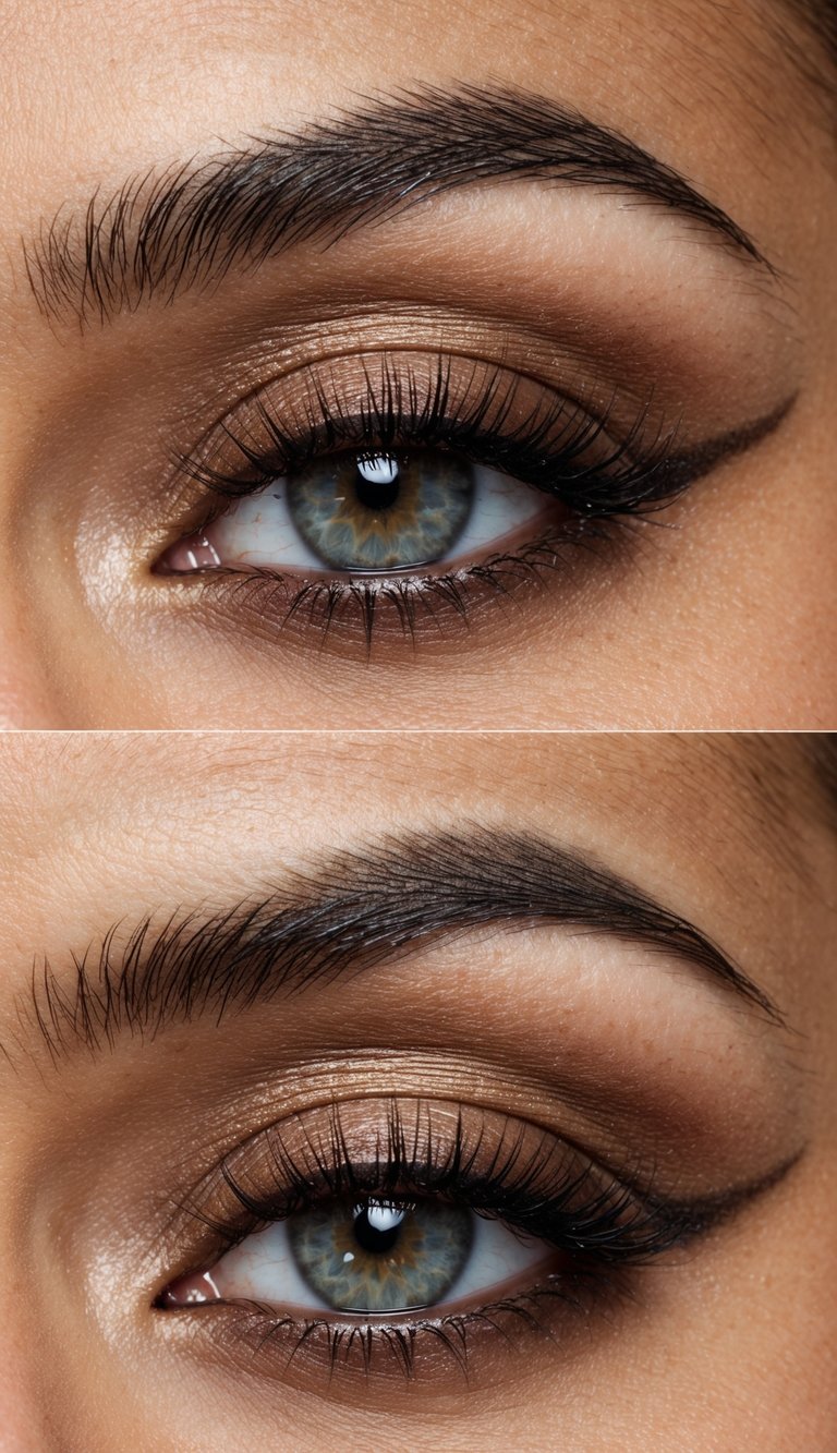 A close-up view of a classic brown crease eye makeup look with a transition shade, ready for a glamorous moment