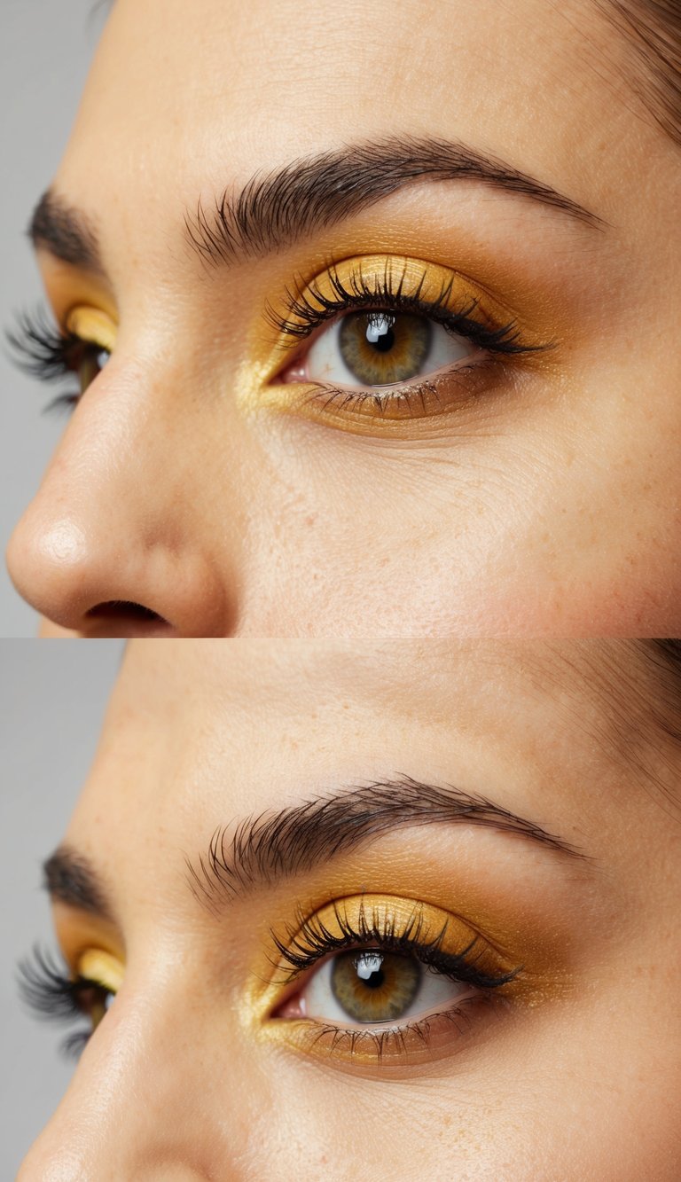 A close-up of a butter yellow eyelid with a shiny eye makeup look