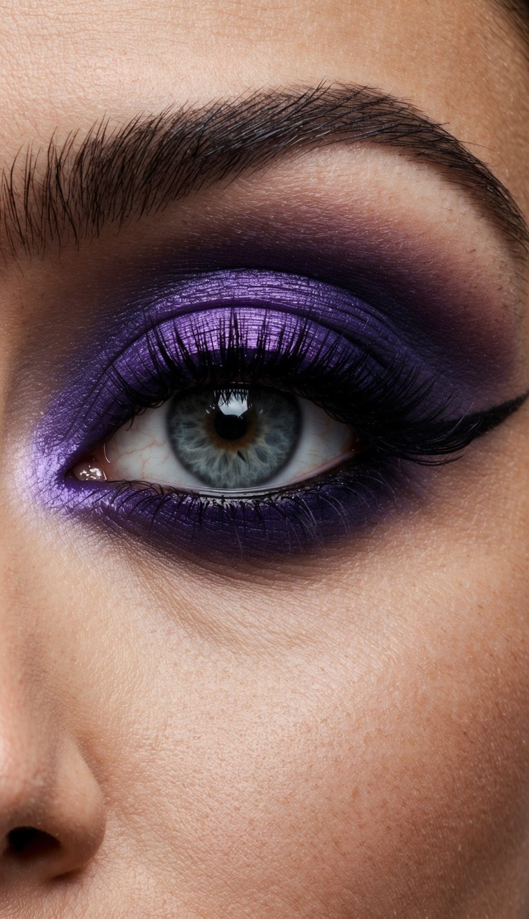 A close-up of a dramatic eye makeup look with a violet smokey outer V, showcasing bold and glamorous eye makeup inspiration