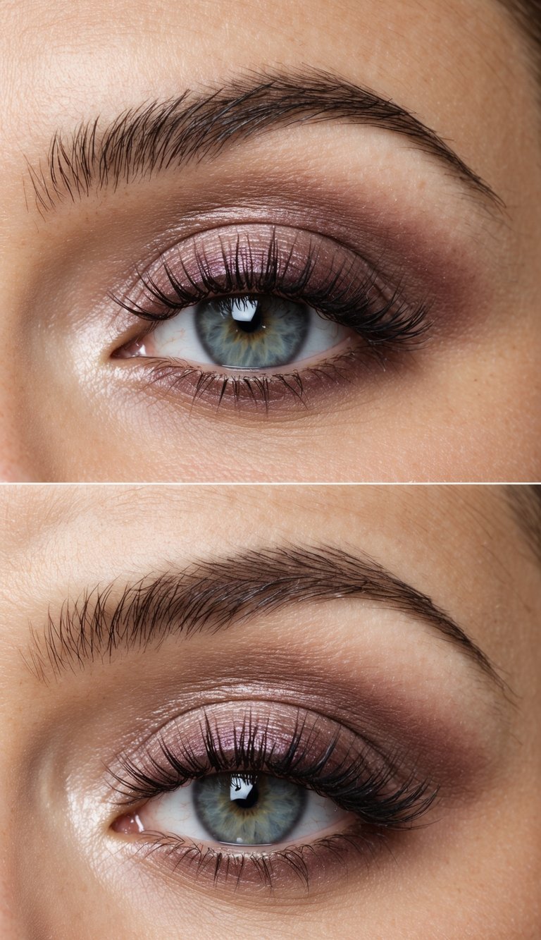 A close-up of a soft mauve halo eye makeup look with blended shadows and shimmer, creating a glamorous and elegant effect