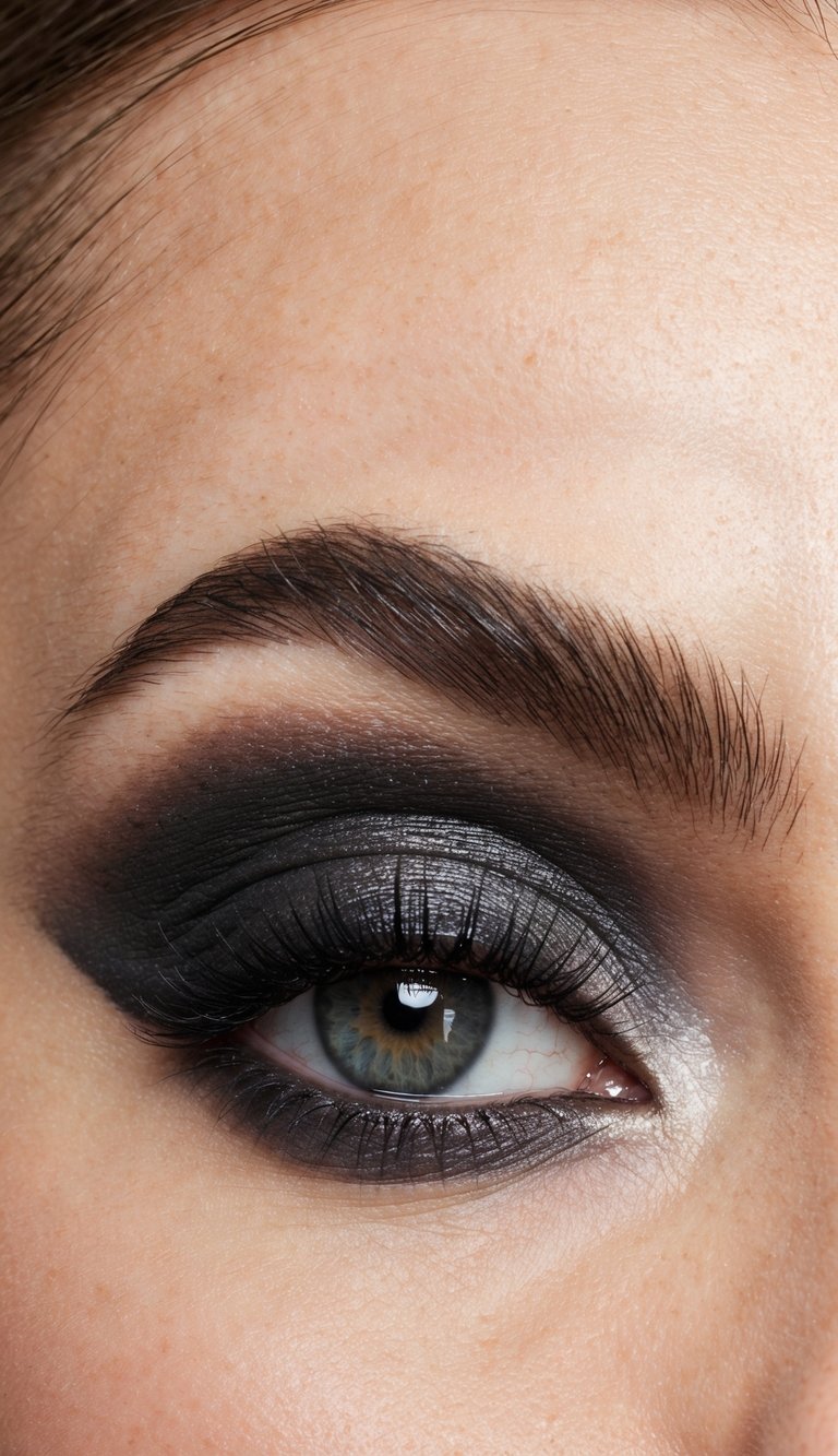 A close-up of a charcoal gray gradient eye makeup look with dramatic shadows and highlights, perfect for a glamorous moment