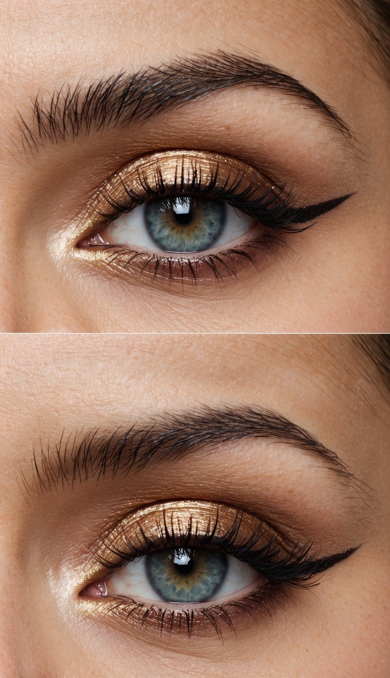 A close-up of an eye with a metallic copper lower lash line makeup look