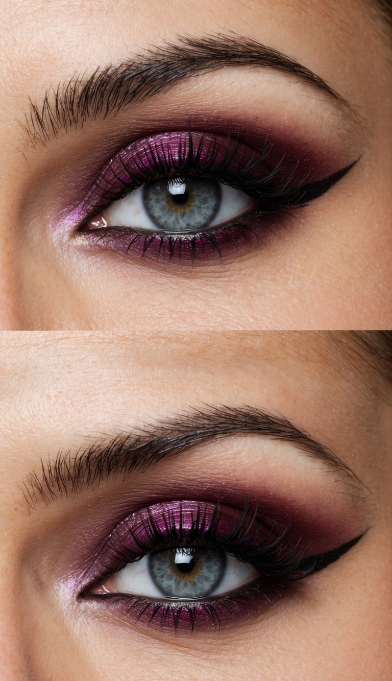 A close-up of an eye with deep burgundy eyeshadow along the lash line, creating a bold and glamorous makeup look