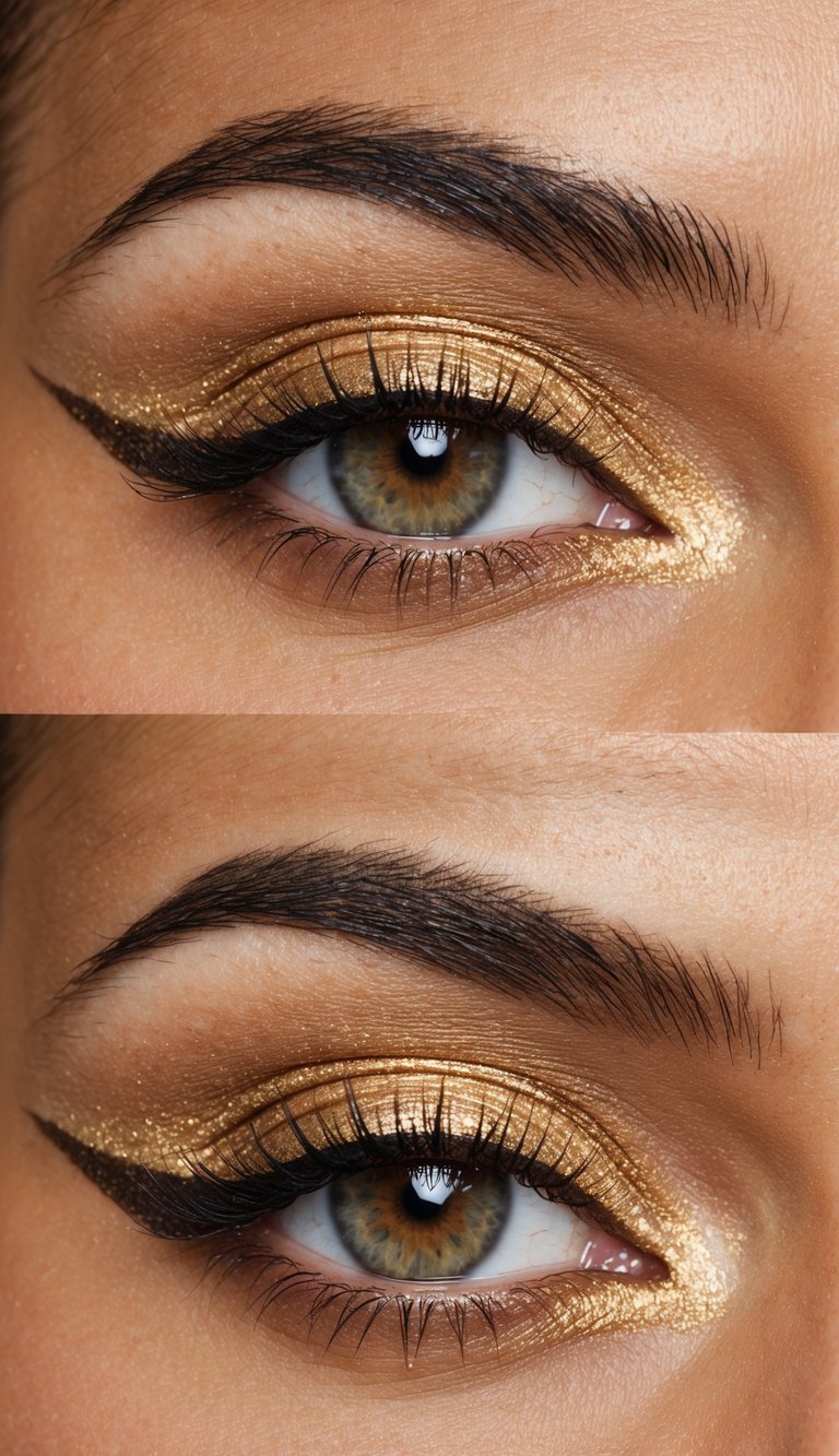 A champagne gold eyeshadow with a brown cut crease, shimmering under bright lights