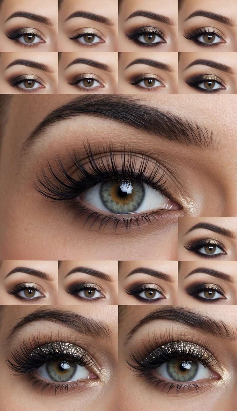 A close-up of a matte tan eye with dramatic sparkly lashes, surrounded by 50 different eye makeup inspiration ideas