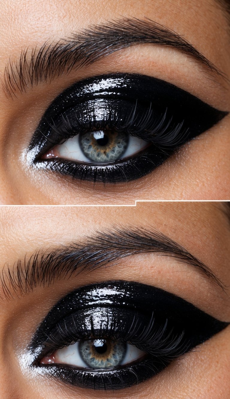 A close-up of a glossy black eyelid with shimmering details, creating a dramatic and glamorous eye makeup look
