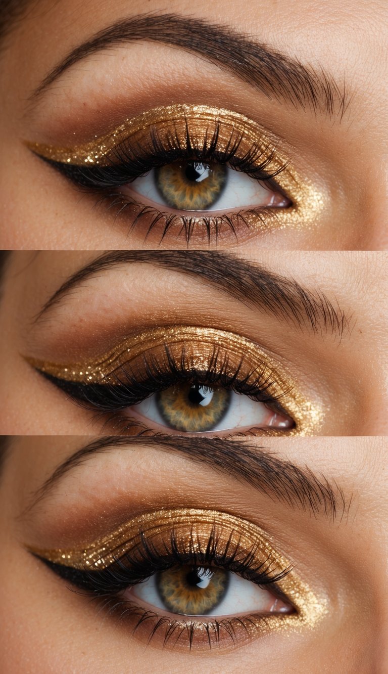 A close-up of a golden bronze halo eye makeup look with intricate details and shimmering highlights
