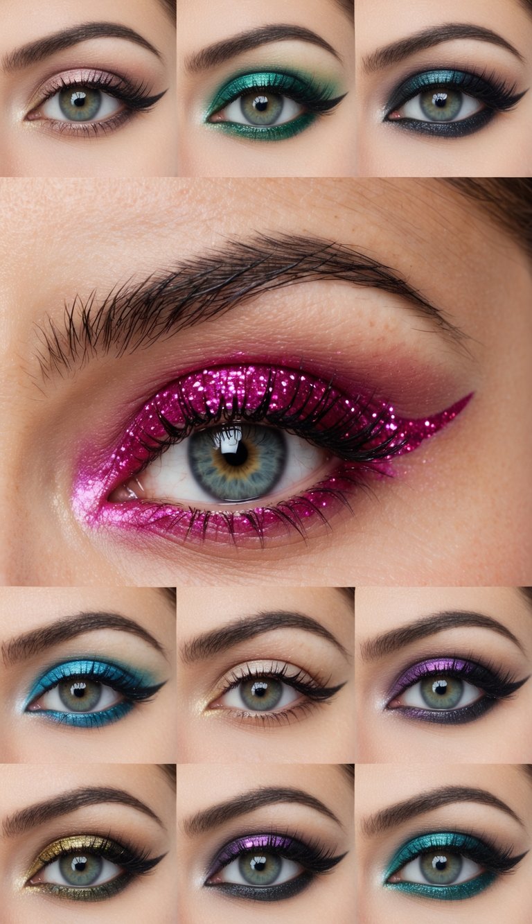 A close-up of an eye with fuchsia glitter accents surrounded by 50 different eye makeup looks for inspiration