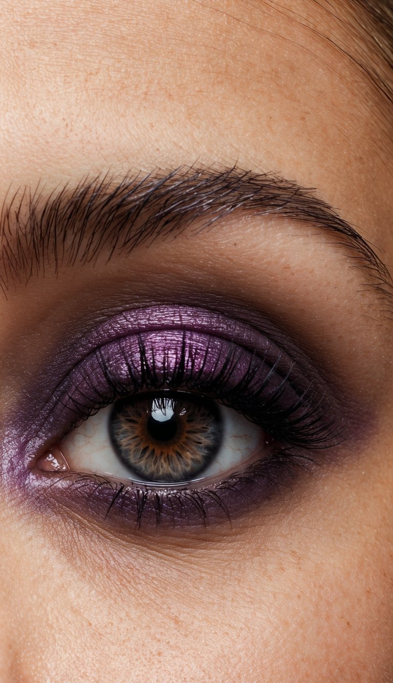 A close-up of an eye with a dramatic plum-colored eyeshadow look, featuring a smoky effect and intense pigmentation