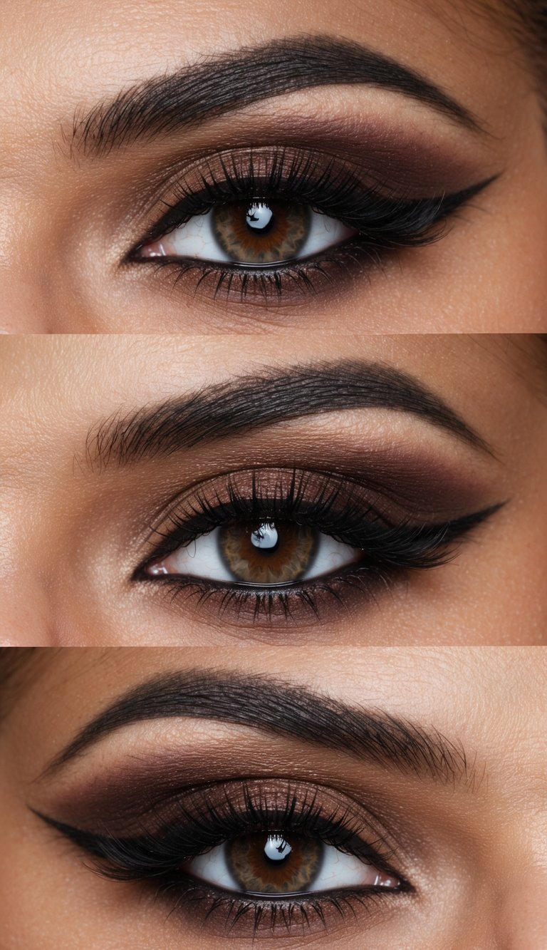 A close-up of a chocolate brown smokey eye makeup look with dramatic, blended eyeshadow and winged eyeliner