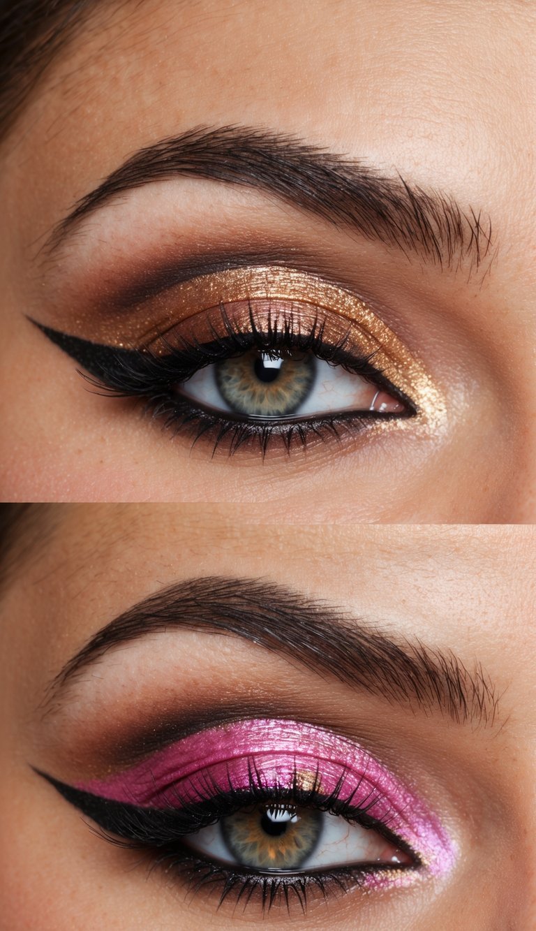 A close-up of an eye with bronze and pink dual-tone makeup, with shimmer and smoky effects, in a glamorous and dramatic style