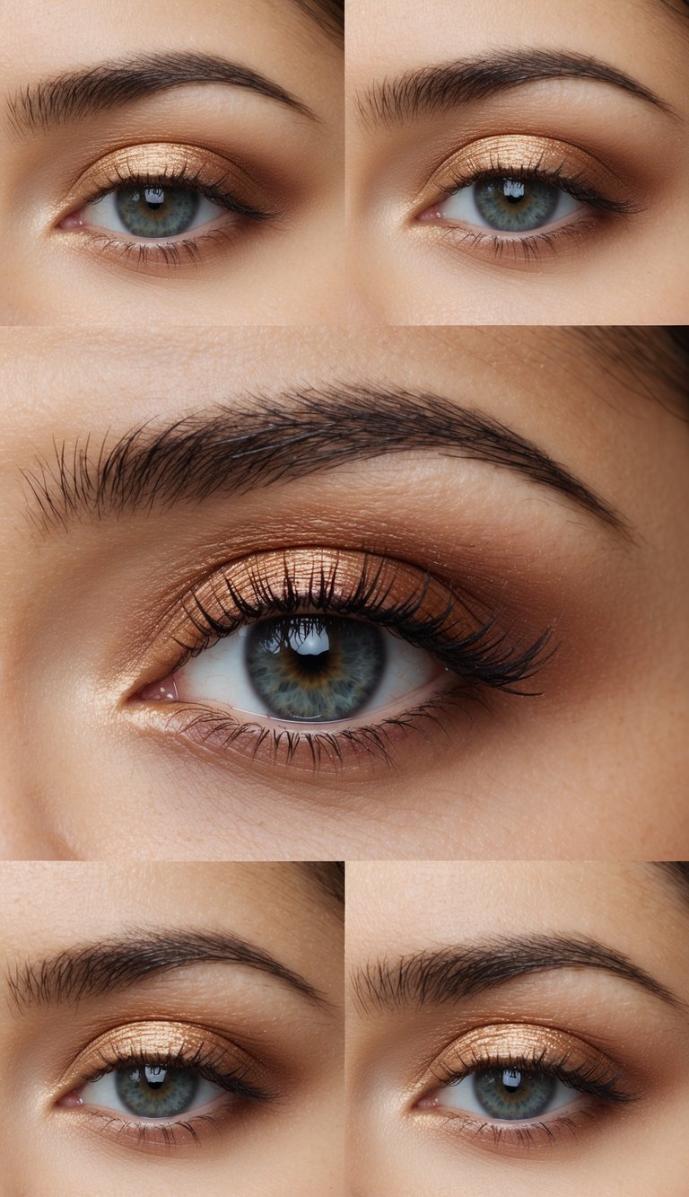 A close-up of an eye with a subtle copper sheen eyeshadow, surrounded by other simple and beautiful eye makeup styles