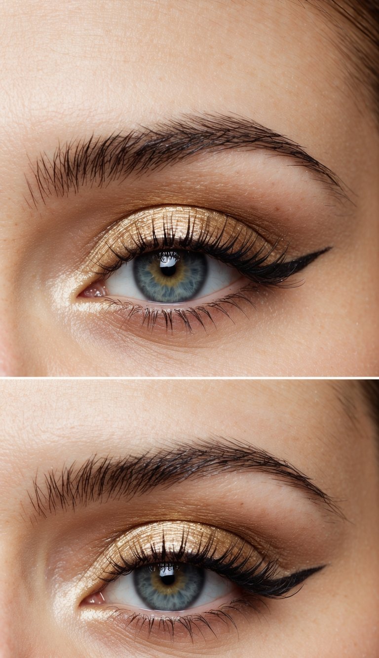 A close-up of an eye with a champagne-colored eyeshadow applied to the inner corner, creating a bright and glamorous look