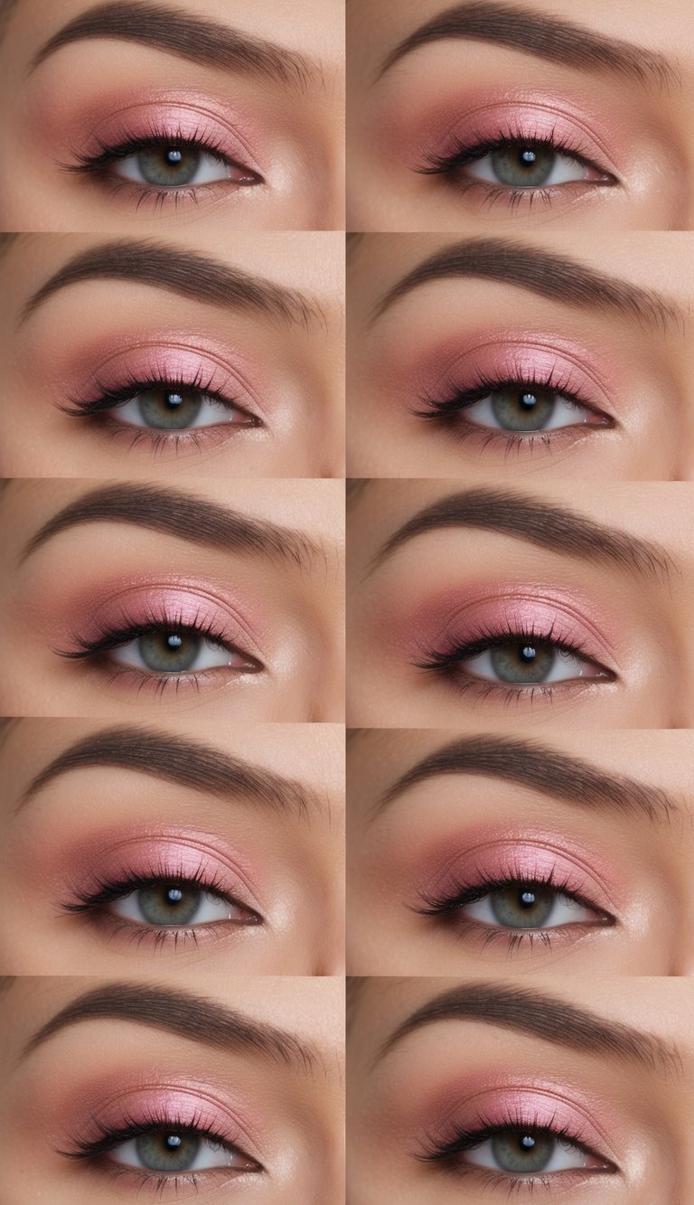 A collection of 50 eye makeup styles in blush pink tones, glowing with a beginner-friendly and stunning aesthetic