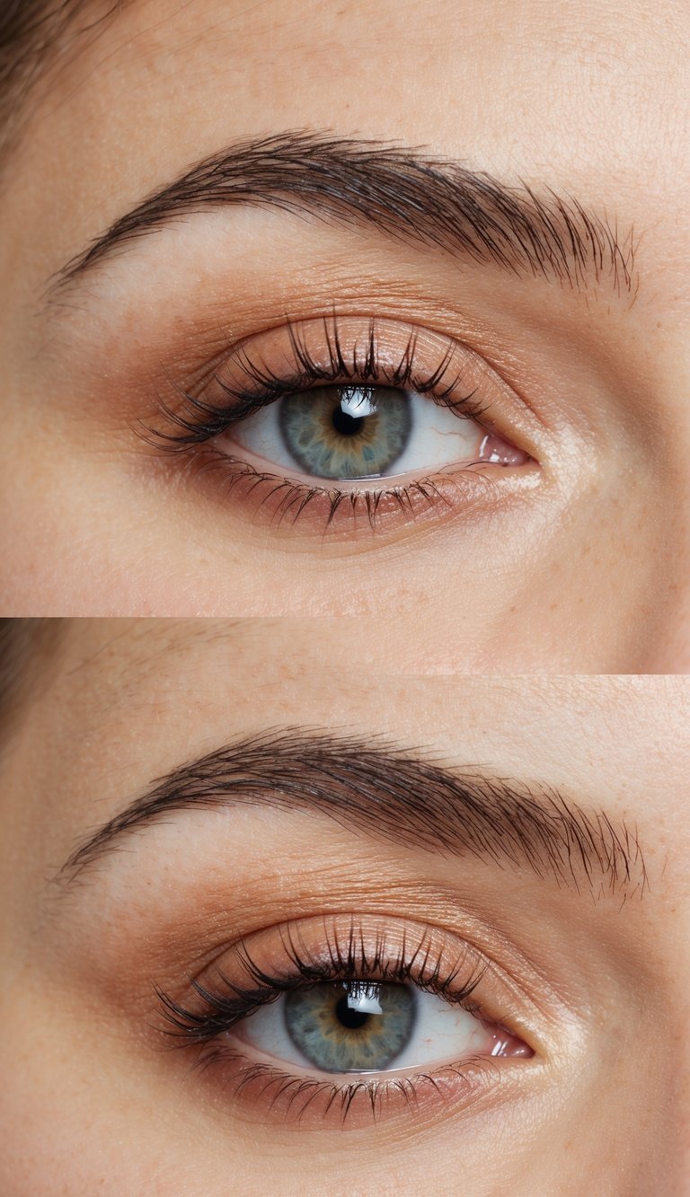 A close-up of an eye with a peachy eyeshadow fade, showcasing a beginner-friendly makeup style