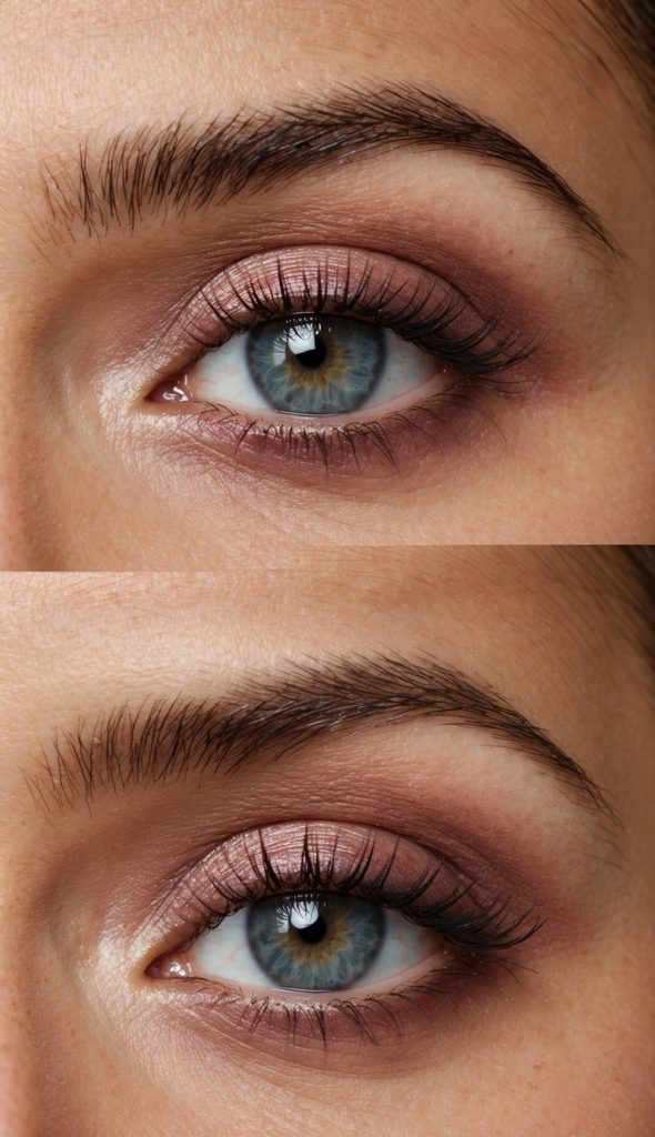 Close-up of a human eye with pink and mauve eyeshadow, long lashes, and well-groomed eyebrows.