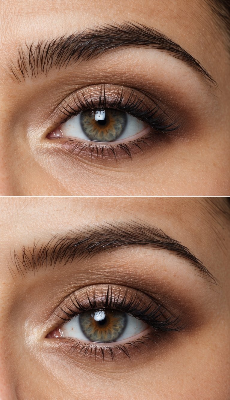A close-up of an eye with a taupe and bronze gradient eyeshadow, showcasing a beginner-friendly makeup style